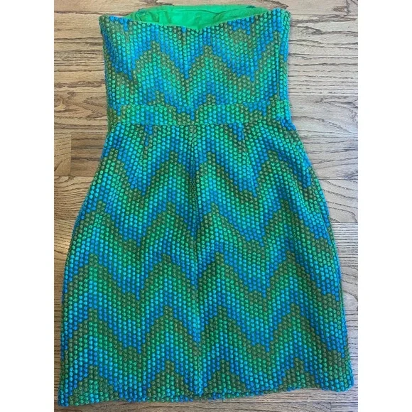 Beth Bowley Strapless Dress Blue Green Geometric Size 6 Retro 60s Style Chic - Picture 2 of 11